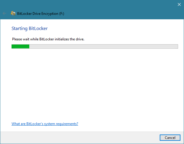 Asistente de cifrado de unidad BitLocker en Windows 10