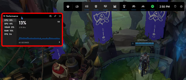 El widget de rendimiento de la barra de juegos de Xbox