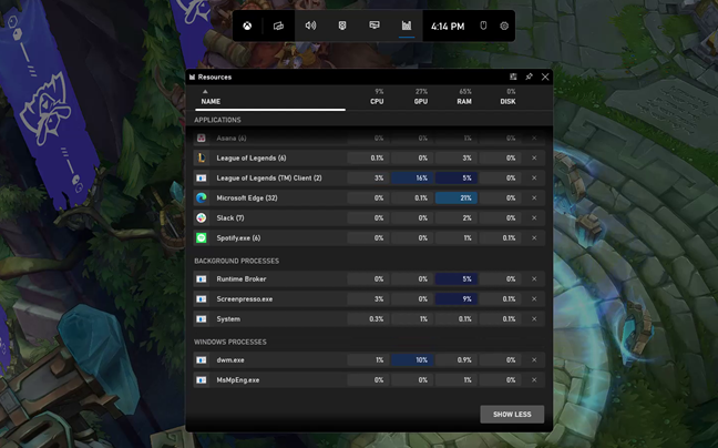 Widget de recursos en la barra de juegos Xbox de Windows 11