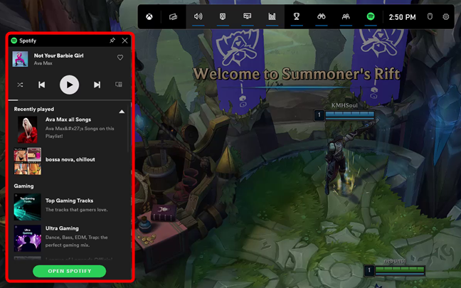 El widget de Spotify de la barra de juegos de Xbox en Windows