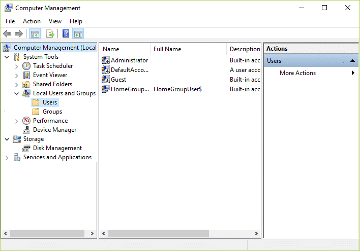 Ahora, en el menú de la izquierda, seleccione Usuarios en Usuarios y grupos locales. | Habilitar o deshabilitar la cuenta de administrador en la pantalla de inicio de sesión en Windows 10