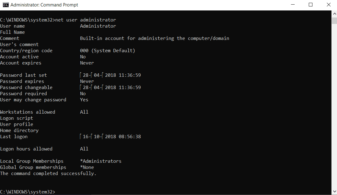 El estado de 'Cuenta activa' ahora debería ser 'No'. | Habilitar o deshabilitar la cuenta de administrador en la pantalla de inicio de sesión en Windows 10
