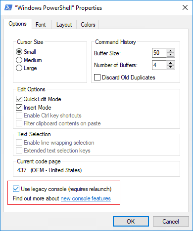Para habilitar el modo heredado para PowerShell, marque Usar consola heredada (requiere reiniciar)