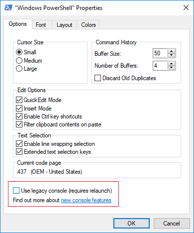 Para deshabilitar el modo heredado para PowerShell, desmarque Usar consola heredada (requiere reiniciar)