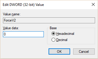 Para usar la consola heredada, cambie el valor DWORD de ForceV2 a 0