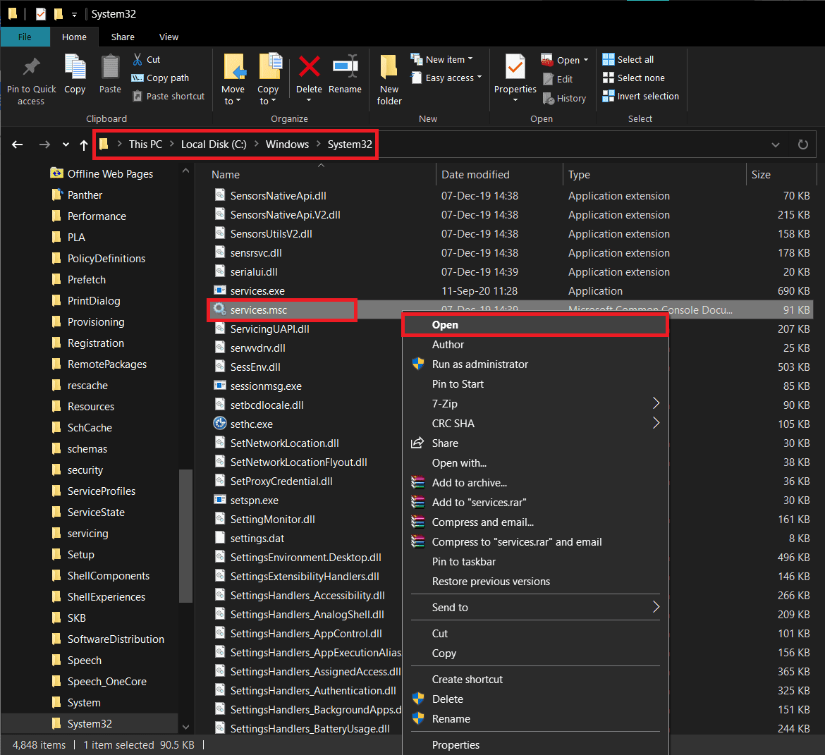 Haga clic con el botón derecho en services.msc y seleccione Abrir en el menú contextual que aparece