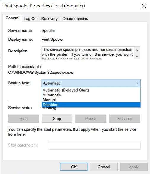 Si desea deshabilitar un servicio en particular, cambie su tipo de inicio a deshabilitado