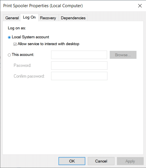 Iniciar sesión en la pestaña se usa para cambiar la forma en que un servicio se registra en su computadora
