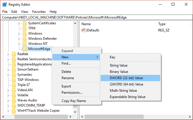 Ahora haga clic derecho en la clave MicrosoftEdge y seleccione Nuevo, luego haga clic en Valor DWORD (32 bits).