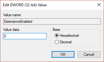 Haga doble clic en ExtensionsEnabled y establezca su valor en 0 en el campo de datos de valor