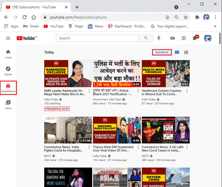 Vaya a Suscripciones y luego ADMINISTRA | Cómo cancelar la suscripción masiva de canales de YouTube a la vez
