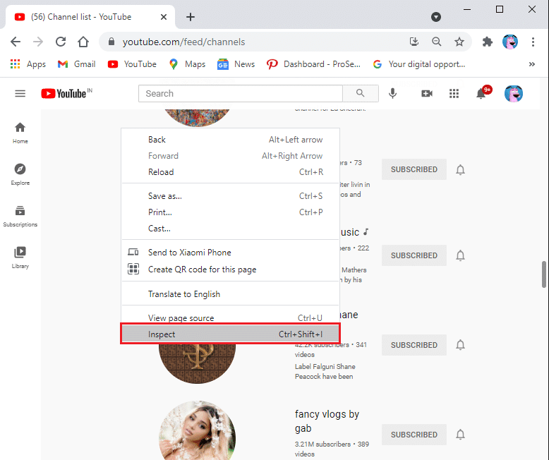 Seleccione la opción Inspeccionar (Q) | Cómo cancelar la suscripción masiva de canales de YouTube a la vez