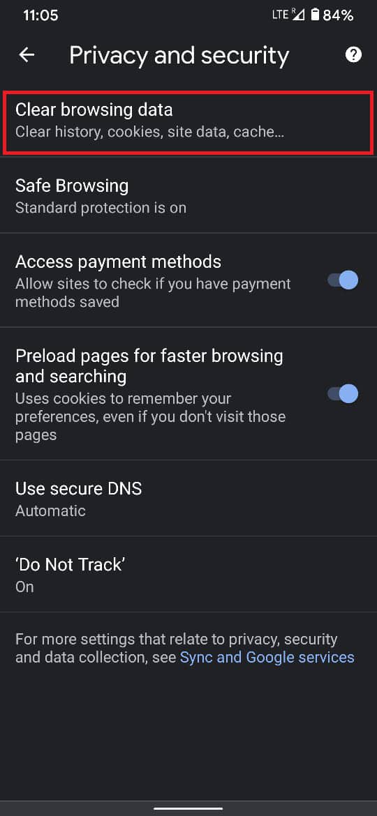 Toque Borrar datos de navegación | Cómo restablecer Google Chrome en teléfonos inteligentes Android