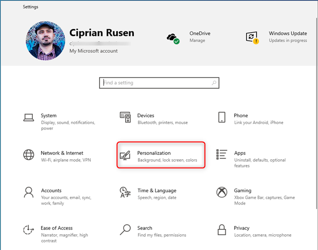Abra Configuración y vaya a Personalización