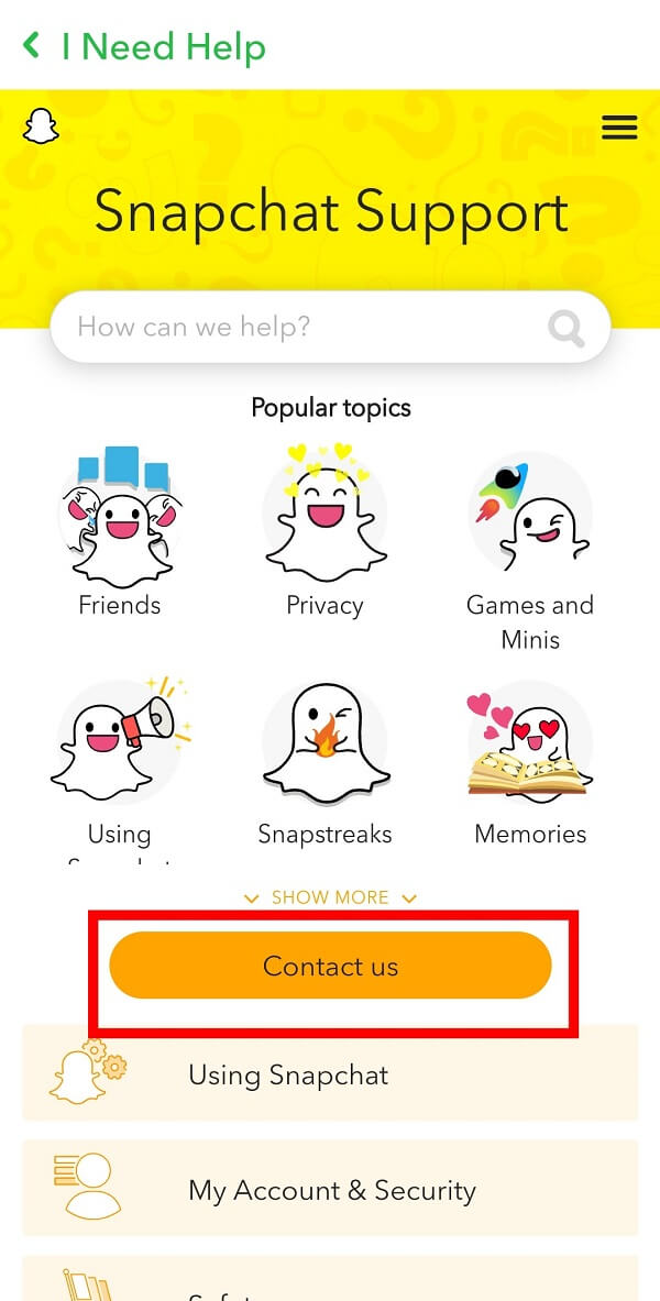 debe tocar el botón Contáctenos que se encuentra en la parte inferior.  |  ¿Cómo ser verificado en Snapchat?