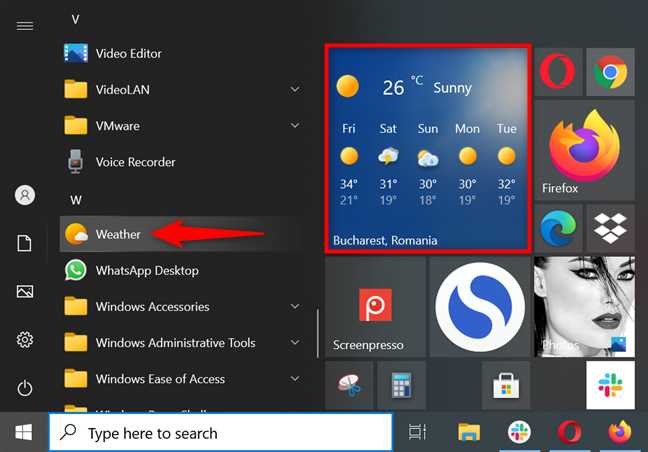 Inicie la aplicación Weather de Windows 10 desde el menú Inicio