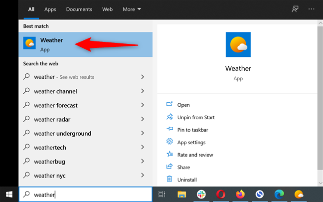 Inicie la aplicación Windows 10 Weather buscándola