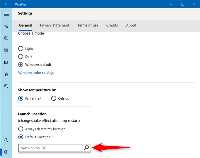 Haga clic o escriba dentro del campo Ubicación predeterminada