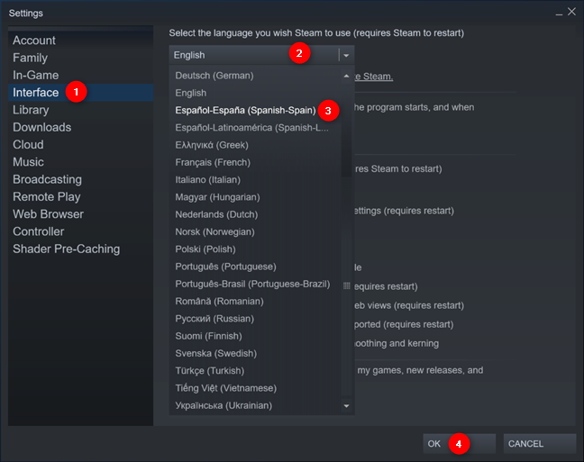 La configuración de cambio de idioma de Steam en Windows 10