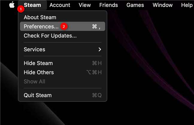 Accede a las preferencias de Steam desde la barra de menú