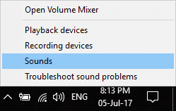 haga clic derecho en el ícono de Volumen en la bandeja del sistema y haga clic en Sonidos |  Arreglar el sonido HDMI que no funciona en Windows 10