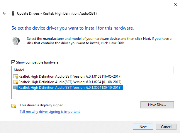 Seleccione el controlador adecuado de la lista y haga clic en Siguiente |  Arreglar el sonido HDMI que no funciona en Windows 10