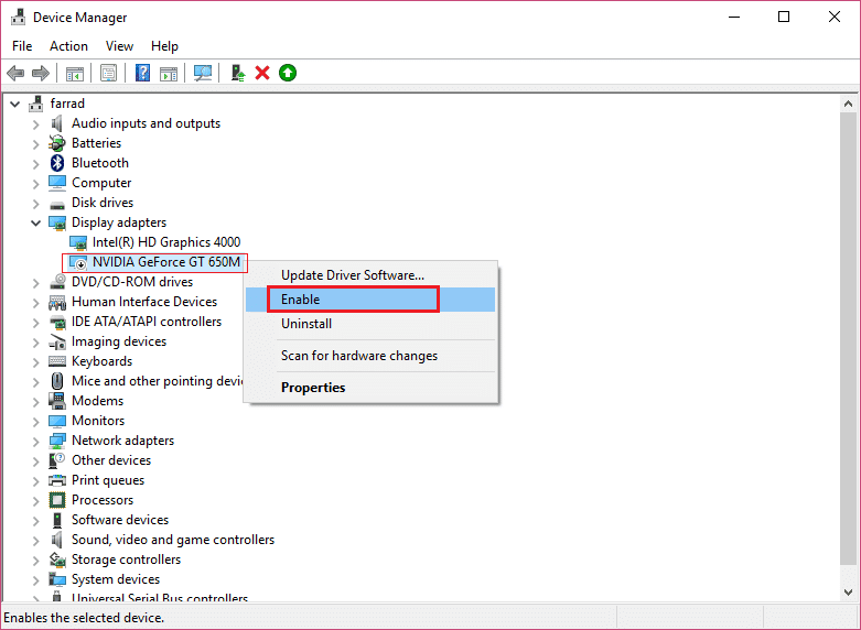 haga clic derecho en su tarjeta gráfica Nvidia y seleccione Habilitar |  Arreglar el sonido HDMI que no funciona en Windows 10