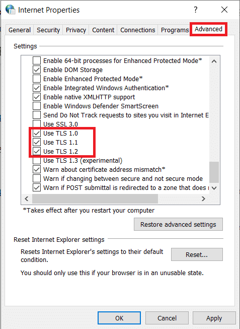 Vaya a la pestaña Avanzado y marque las casillas junto a TLS 1.0, Usar TLS 1.1 y Usar TLS 1.2