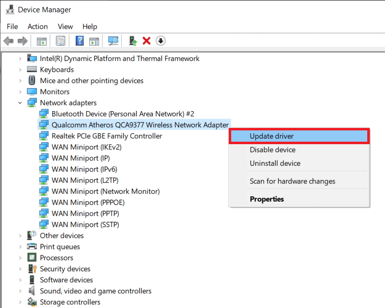 Haga clic derecho en su adaptador de red y seleccione Actualizar controlador