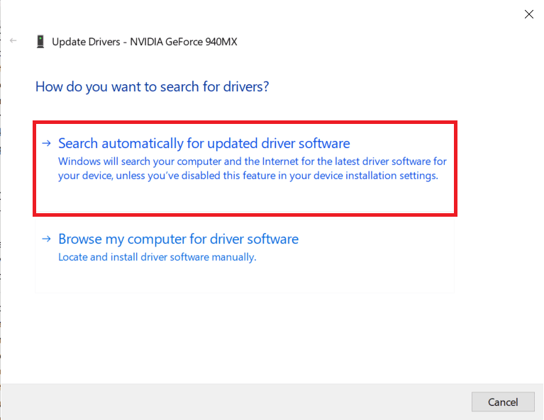Haga clic en Buscar automáticamente el software del controlador actualizado |  Arreglar No se puede conectar de forma segura a este error de página en Microsoft Edge