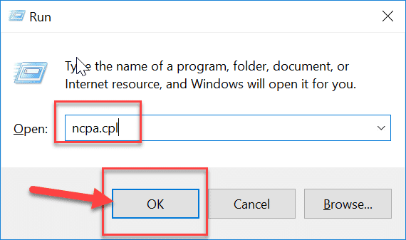 Presione la tecla de Windows + R, luego escriba ncpa.cpl y presione Enter
