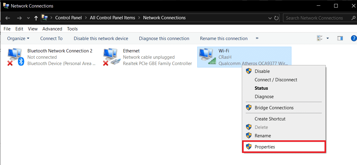 Haga clic derecho en su red activa (Ethernet o WiFi) y seleccione Propiedades