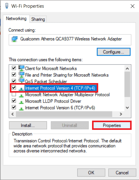 Seleccione Protocolo de Internet versión 4 (TCPIPv4) y haga clic en Propiedades |  Arreglar No se puede conectar de forma segura a este error de página