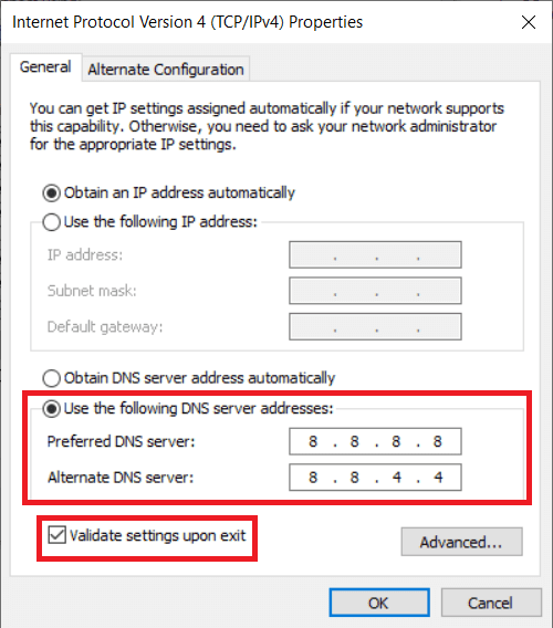 Introduzca 8.8.8.8 como servidor DNS preferido y 8.8.4.4 como servidor DNS alternativo