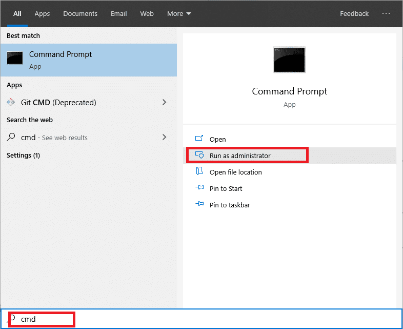 Abra el símbolo del sistema elevado presionando la tecla de Windows + S, escriba cmd y elija ejecutar como administrador.