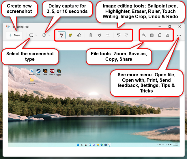 La interfaz de edición de imágenes de Snipping Tool