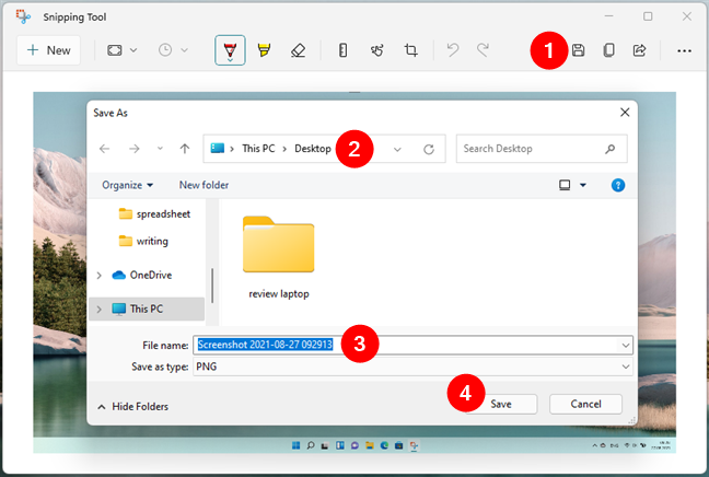 Guardar una captura de pantalla de la herramienta Recortes