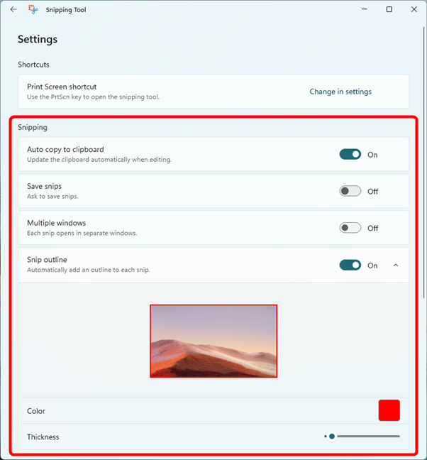Configuraciones de recorte disponibles en la herramienta de recorte de Windows 11