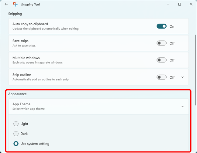 La configuración de apariencia para la herramienta Snipping de Windows 11
