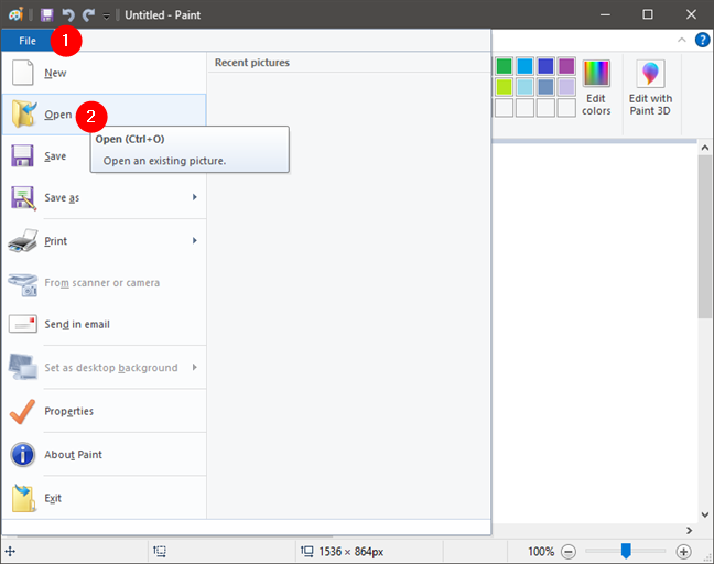 Abrir desde el menú Archivo en Paint