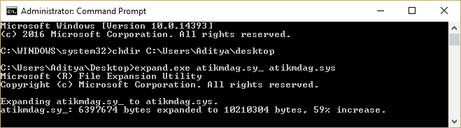 expanda atikmdag.sy_ a atikmdag.sys usando cmd |  Solucionar error de falla de TDR de video en Windows 10