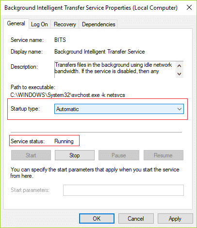 Asegúrese de que BITS esté configurado en Automático y haga clic en Iniciar si el servicio no se está ejecutando | Solucionar el error de actualización de Windows 8024402F