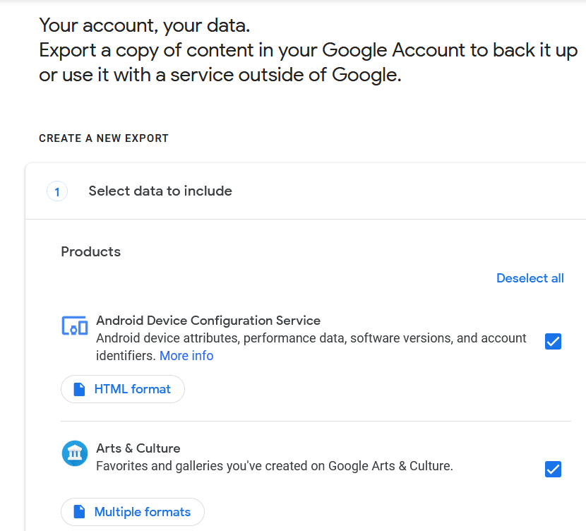 Selecciona los productos de Google de donde quieres que se descarguen tus datos