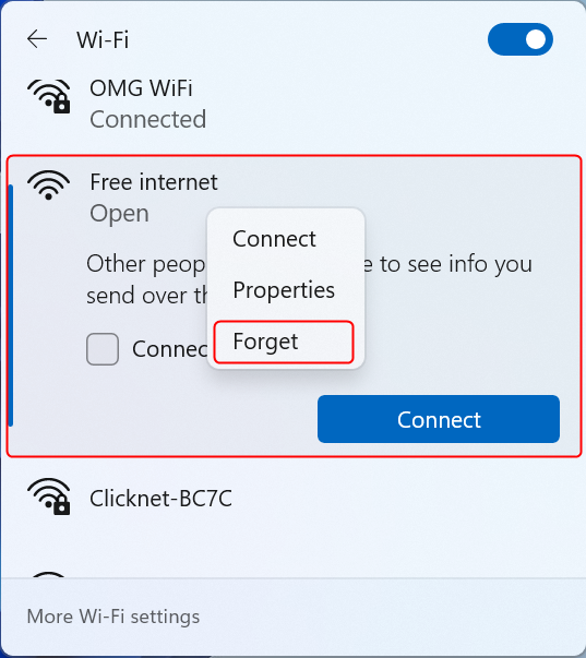 Haga clic derecho en la red Wi-Fi y seleccione Olvidar