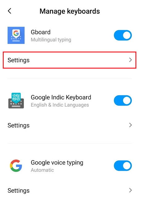 Toque Configuración en la sección Gboard