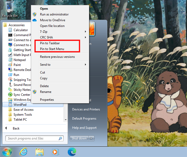 Anclar a la barra de tareas y Anclar al menú Inicio para WordPad en Windows 7