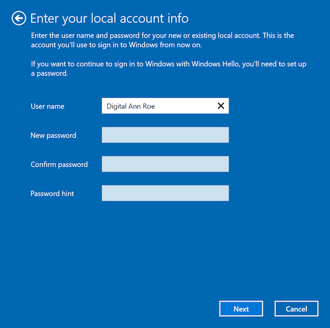 Ingrese la información requerida para la cuenta local de Windows 10