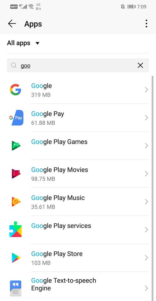 Ahora busque Google en la lista de aplicaciones y luego tóquelo