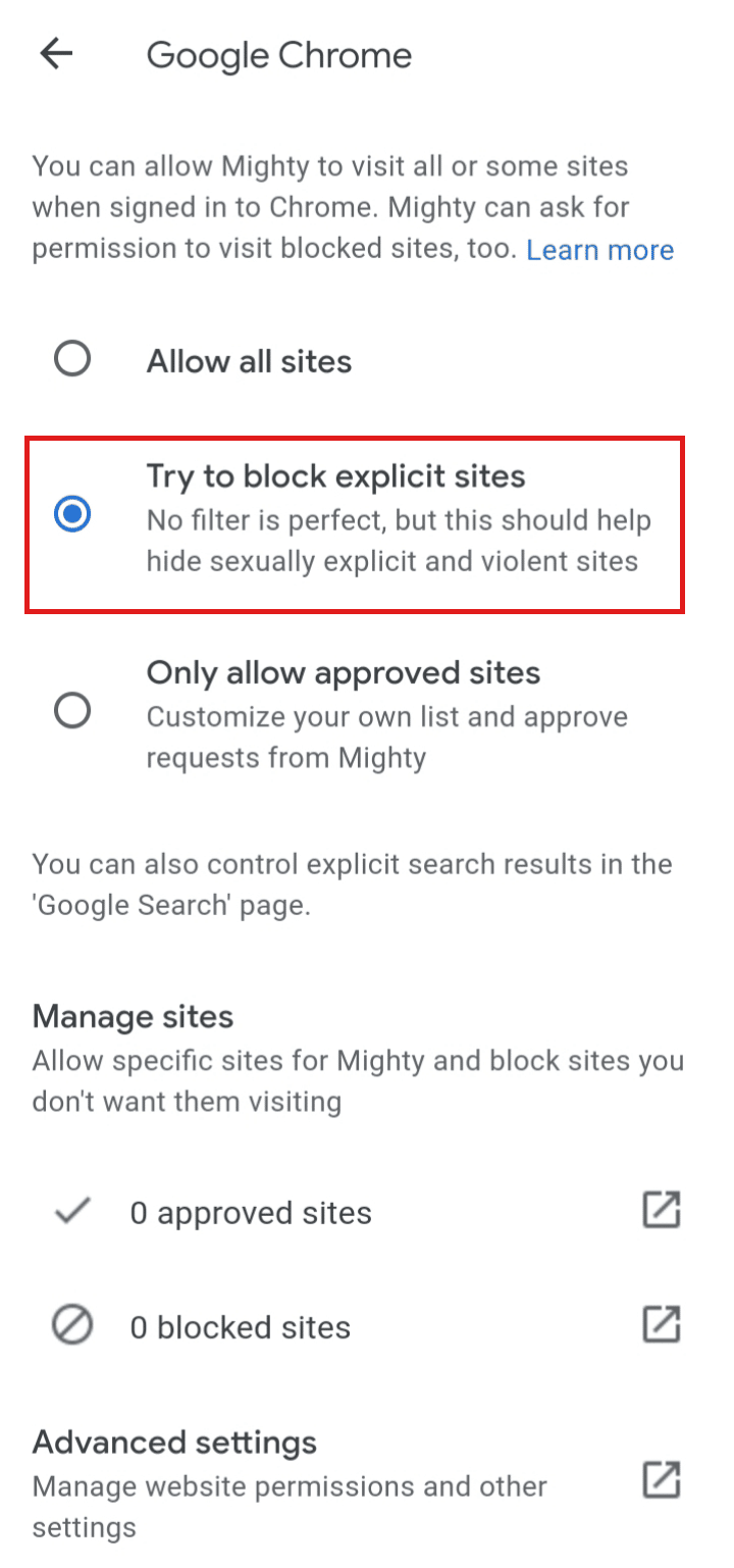 Toque la opción Intentar bloquear sitios explícitos.