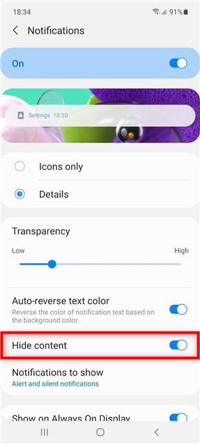Cómo ocultar el contenido de los mensajes en la barra de notificaciones de Samsung